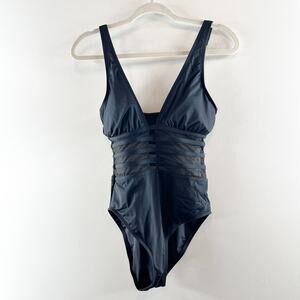 LA Blanca Island Goddess Plunge Mesh One Piece Swimsuit Black Medium